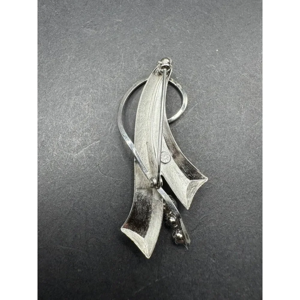 Vintage TK Signed 925 Sterling Silver Cubic Zirconia Ribbon Style Brooch Pin